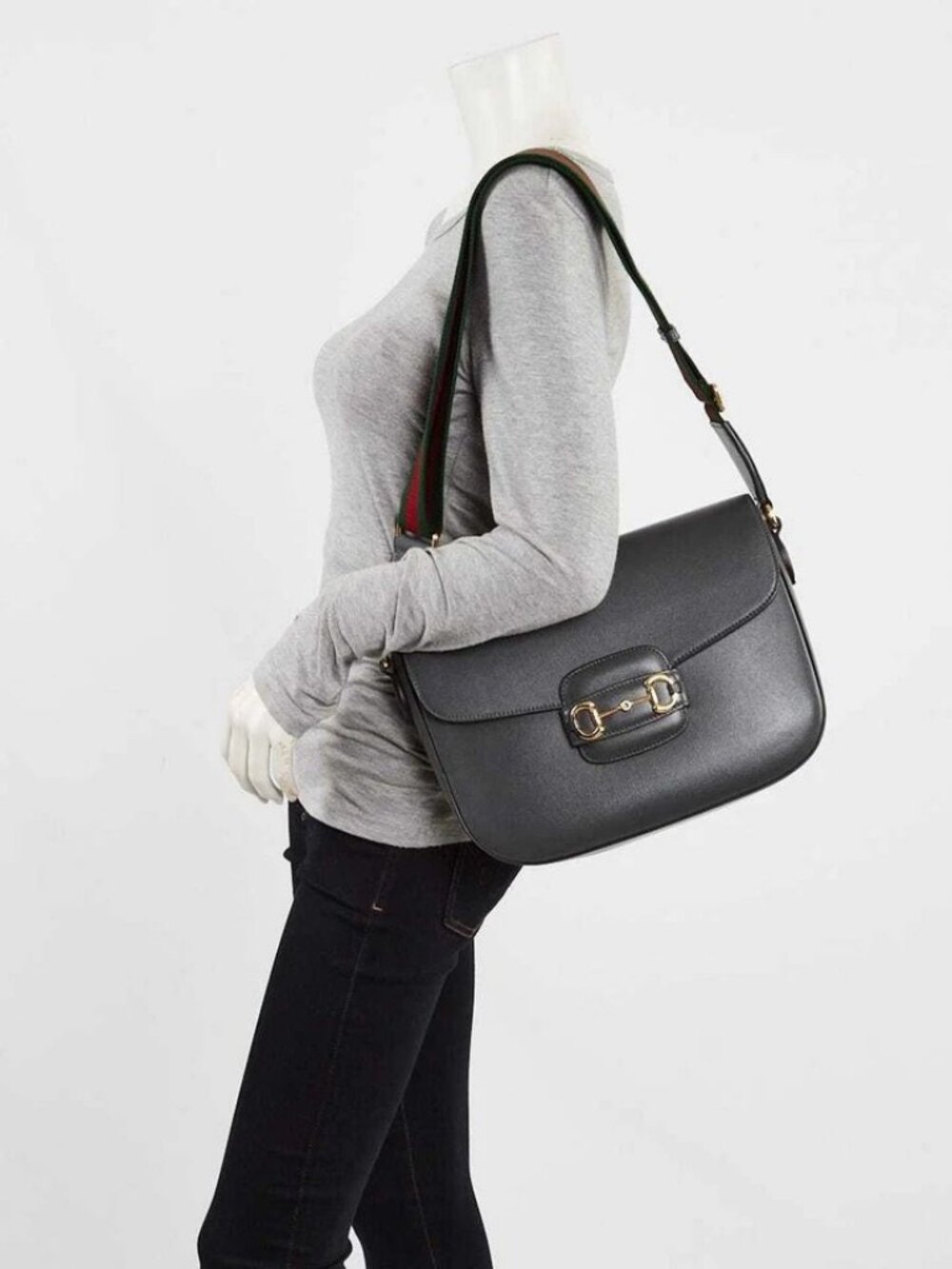 Gucci Grey Leather 1955 Horsebit Large Shoulder Bag
